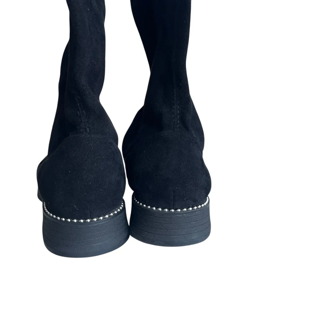 Women 35 Black Stretch Suede Silver Studded Knee High Tie Detail Flat Sole Boots
